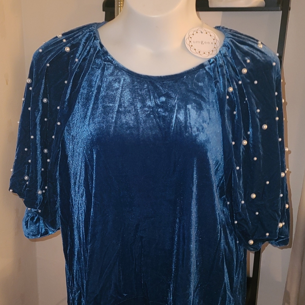 Umgee Royal Blue Velvet Blouse with Pearl Embellishments